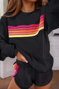Color Contrast Trim Long Sleeve Top and Shorts Set