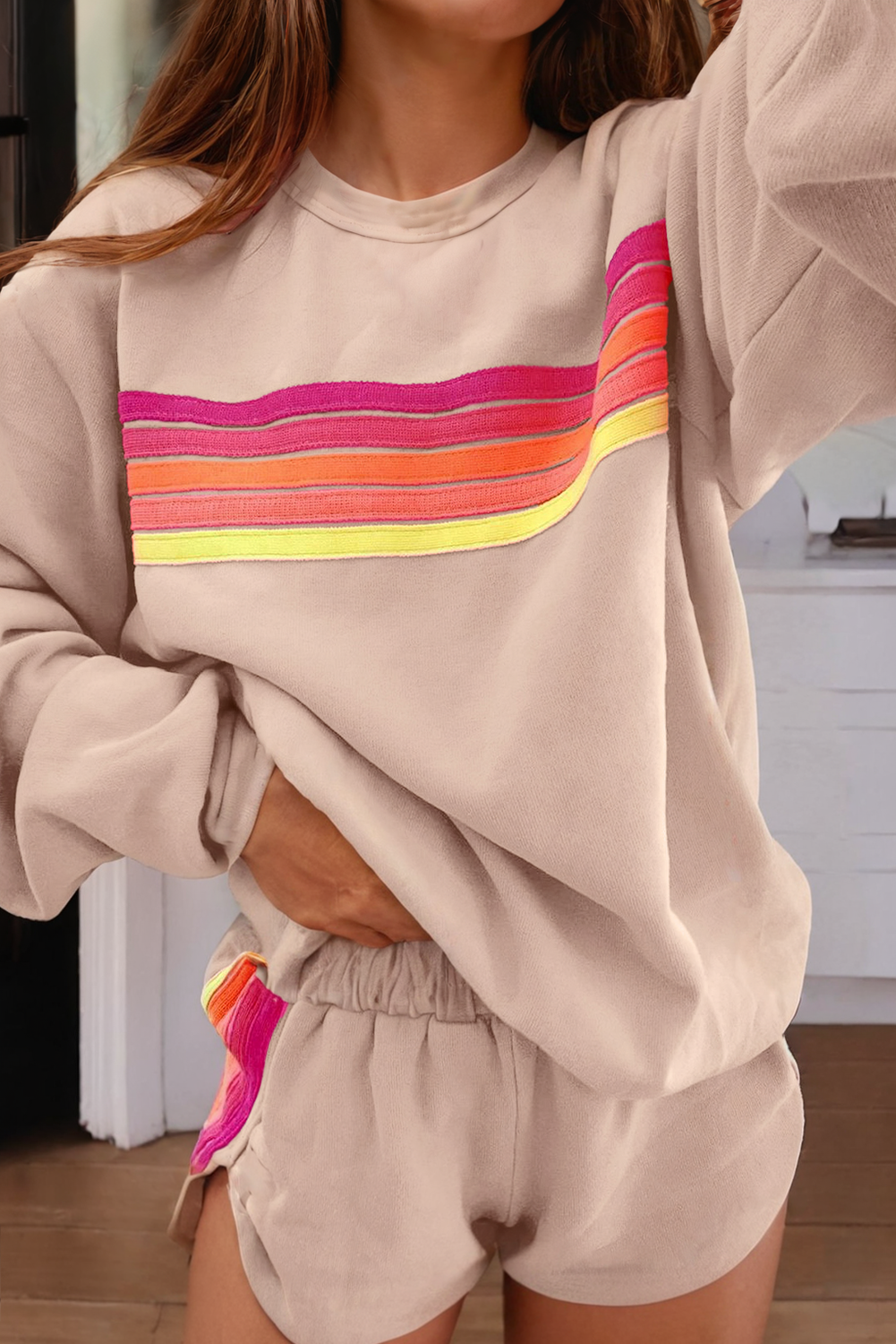 Color Contrast Trim Long Sleeve Top and Shorts Set